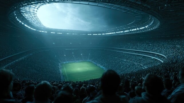 Electric atmosphere in packed stadium, fans eagerly awaiting thrilling match.