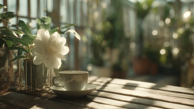 Morning coffee with white flower on sunny balcony table