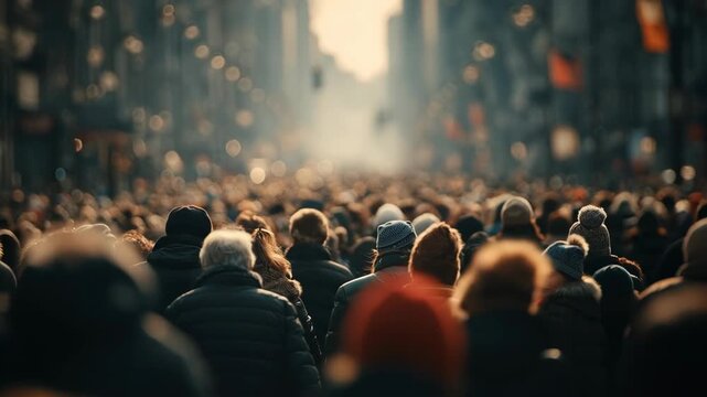 Cinematic footage of a dense crowd walking forward through a blurred cityscape, inspired by New York style streets. Perfect abstract background for urban lifestyle, migration, and societal trends.