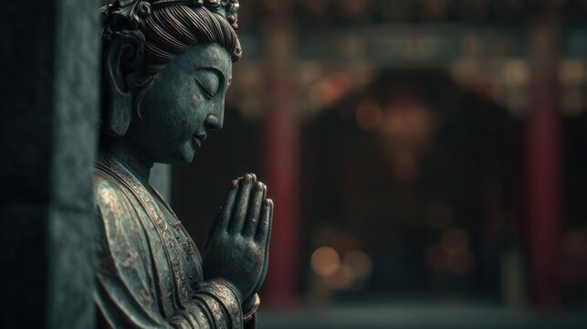 Serene Buddha statue in prayer at a peaceful temple