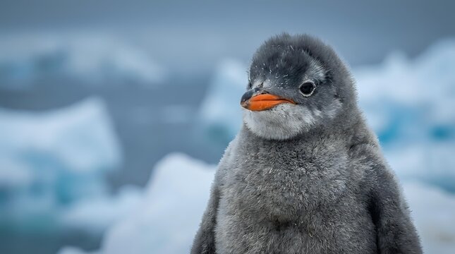 Fluffy young penguin chick with gray downy plumage and orange beak standing in snowy Antarctic landscape with icy background.