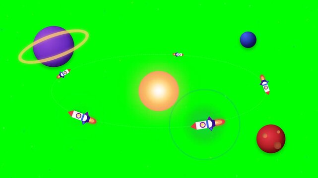 Cartoon Space Exploration Animation with Rockets and Planets on Green Screen Background