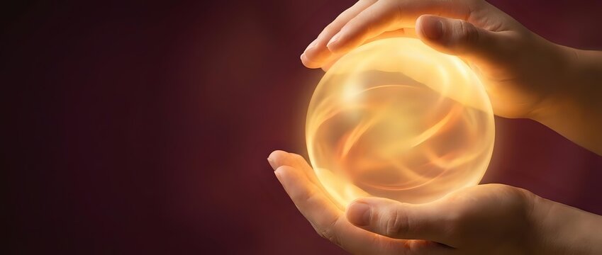 Hand holding glowing golden orb with swirling energy light, mystical fortune telling or future prediction concept for spirituality and magic themes.