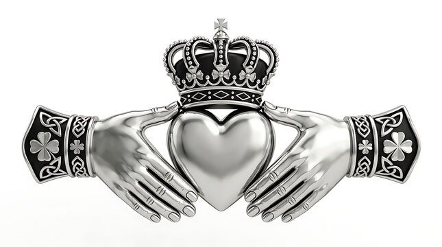 Polished Silver Claddagh Emblem Featuring A Heart Held By Hands Beneath A Royal Ornate Crown
