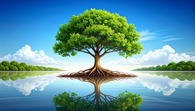 Serene solitary tree standing in open grassy field under bright blue sky.
