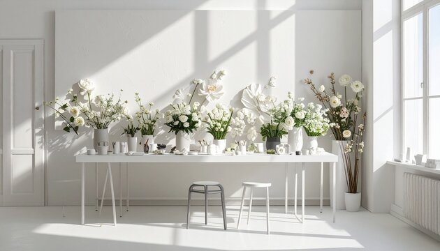 Modern minimalist dining room with floral centerpiece and glass table.