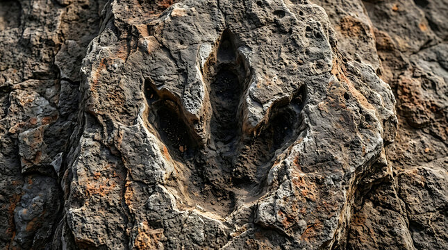 Prehistoric dinosaur footprint fossil embedded in ancient textured stone rock