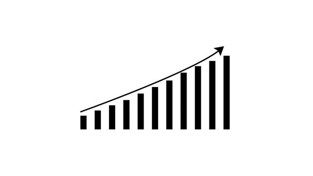 White growing business bar chart animation with rising arrow on black background.animation...