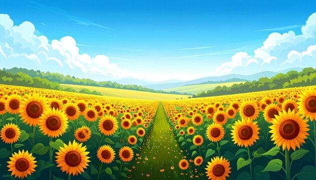 Vibrant sunflower field under blue sky with clouds.