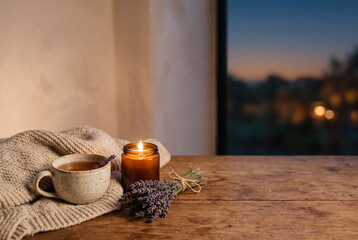 A cozy evening takes place indoors. A knitted blanket lies on a wooden table. A ceramic tea cup sits beside a lit candle. A bundle of lavender adds a touch of nature