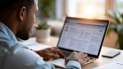 Obraz premium Over the shoulder view of a human resource manager reviewing a candidate profile on a laptop screen in a bright office head out of frame clean modern workspace business