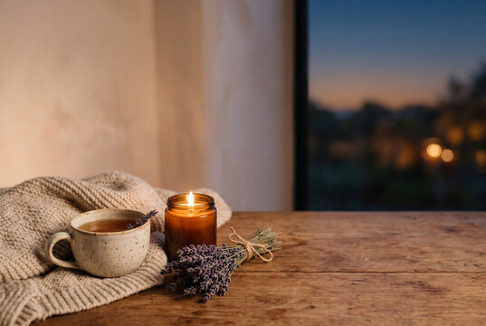 A cozy evening takes place indoors. A knitted blanket lies on a wooden table. A ceramic tea cup sits beside a lit candle. A bundle of lavender adds a touch of nature