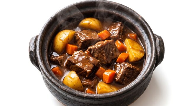 Hearty beef stew in a clay pot with carrots and potatoes