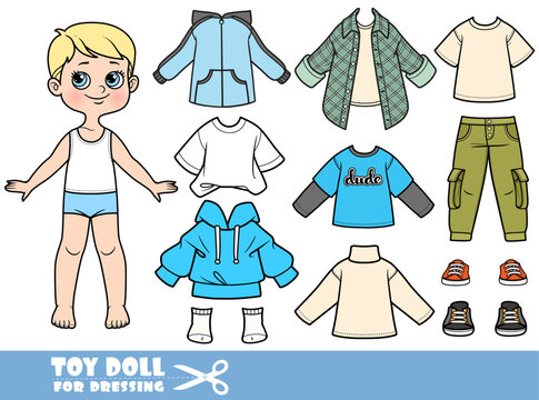 Cartoon blond boy - autumn season -  hoodie, jacket, shirt, long sleeve, cargo panth and boots