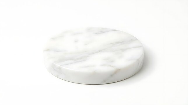 Round white marble coaster on white background.