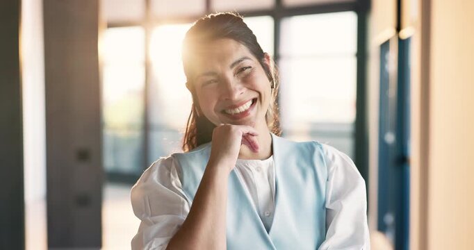 Business, face or woman in agency with laugh, property investor or pride in housing industry. Confidence, flare or happy realtor with funny joke, listing agent or about us in real estate career.