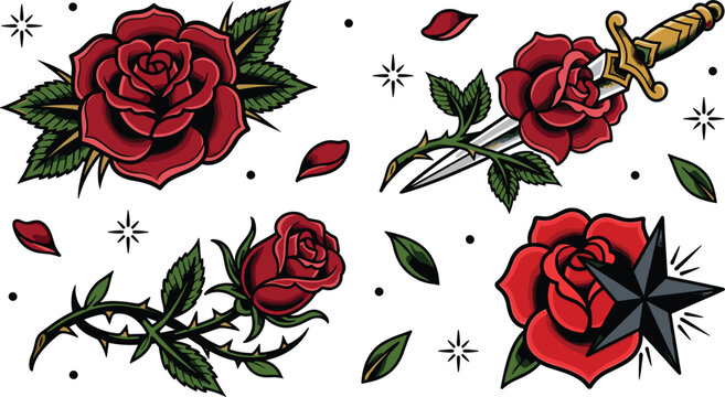 Old school traditional tattoo flash vector set with red roses, sharp dagger, nautical star, thorny stems, petals, and retro punk design elements