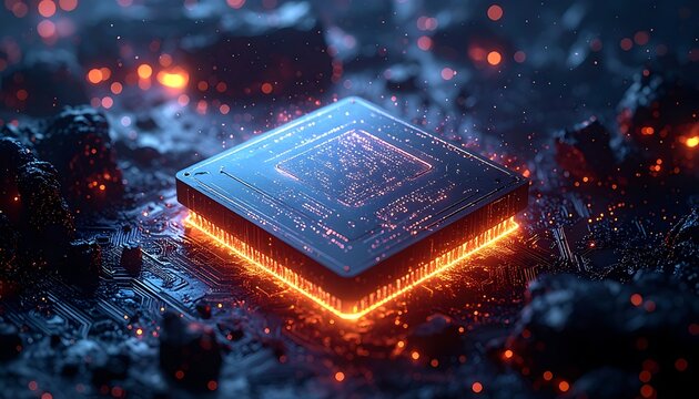 Glowing microchip in dark landscape technology.