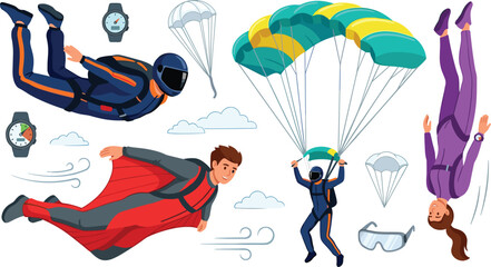 Fototapeta premium Skydiving and wingsuit flying vector illustration set with parachutists, paraglider canopy, altimeters, goggles, clouds, and extreme sports design elements