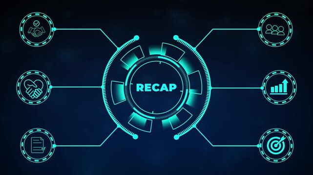 Recap business, economic, market, budget, financial and meeting report concept. Business summary and overview for planning and develop. Businessman touching on RECAP words on smart screen background.