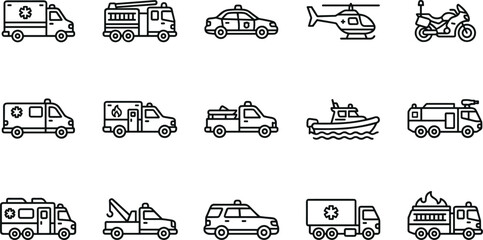 Emergency vehicle line icon set featuring ambulance fire truck police car helicopter rescue boat and tow truck vector illustration elements. © M studio