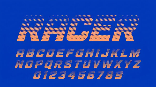 Italic speed sport alphabet and numbers font with racer halftone gradient text