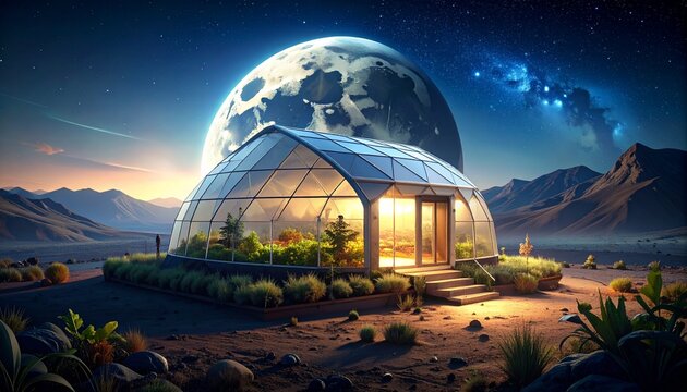 Futuristic glass dome cityscape under twilight sky with mountains.