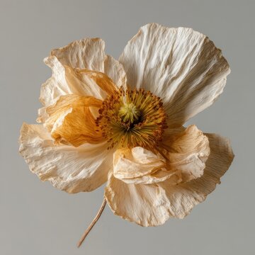 Close-up of a delicate, dried flower with beige petals on a gray background.