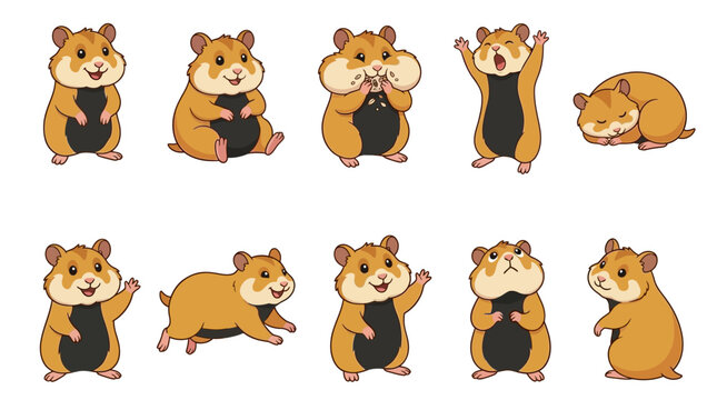 A group of hamsters are playing and posing in different funny positions on a plain surface in various cute actions.