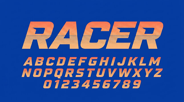 Sporty racer font set with italic bold letters and numbers for automotive racing graphic design