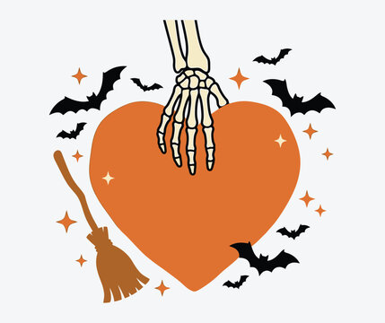 Spooky halloween vector illustration skeleton hand holding heart with bats broom and sparkles