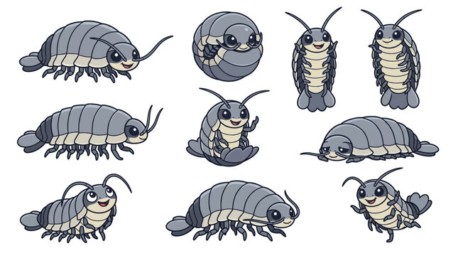 A set of cartoon-style illustrations of various isopod poses on white background for stock
