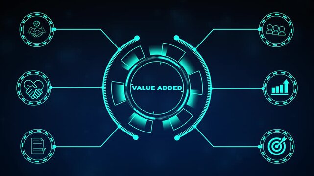 Value added concept. Touching on virtual screen to create values. Way to adding value to product and service. Improving products, excellent service, expert advice, consistently upgrade, deliver fast.