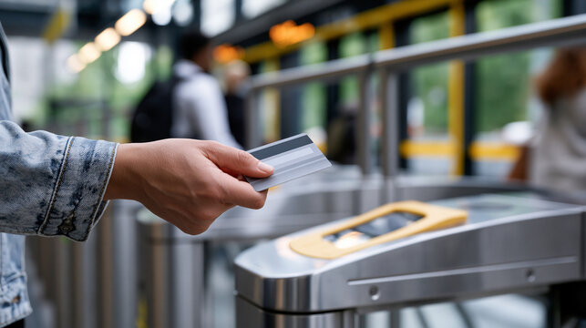 Close up of a passengers hand paying fare with a plastic card at a contactless terminal in bright public transport hands only clean daylight validation contactless payment