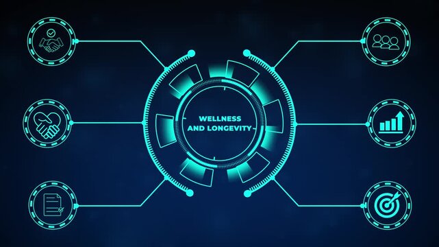 Wellness and Longevity Concept. A medical professional interacts with a digital interface displaying wellness and longevity icons, promoting health and long-term well-being.
