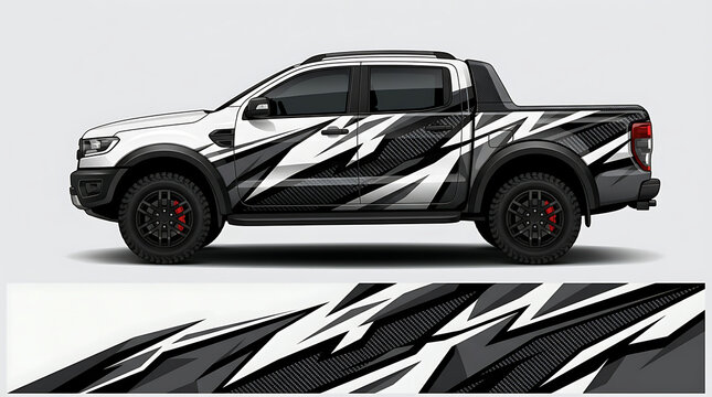 Pickup truck with geometric abstract graphic wrap design for off-road adventure and customization