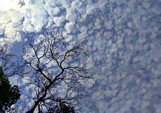 Abstract mosaic crystal sky background with fluffy polygon clouds and bare tree branch silhouette, creative low poly geometric nature illustration.