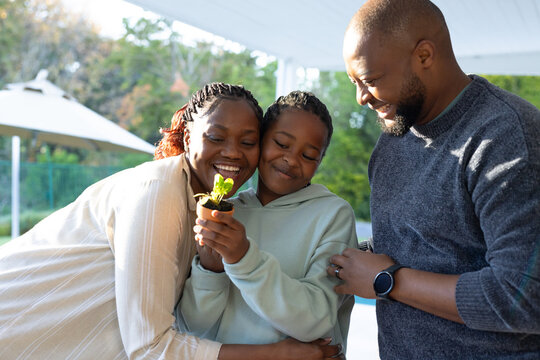 African American family on covered patio, daughter in hoodie holding potted seedling, smiling