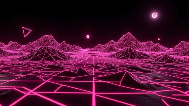 Neon Pink Wireframe Landscape on Black Background