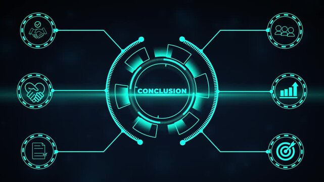 Conclusion Concept. Futuristic digital interface shows a finger selecting Conclusion, symbolizing final decisions, clear outcomes and the closing stage of strategic analysis and presentations.
