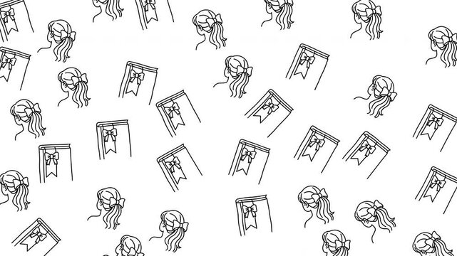 Multiple repeating black white line art illustrations girls hairstyles books ribbon bookmarks.