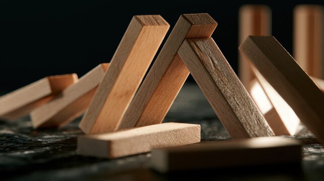 Domino Effect: Wooden blocks lean precariously, illustrating the concept of cause and effect, momentum, and the delicate balance of systems. A metaphor for interconnectedness and consequences.