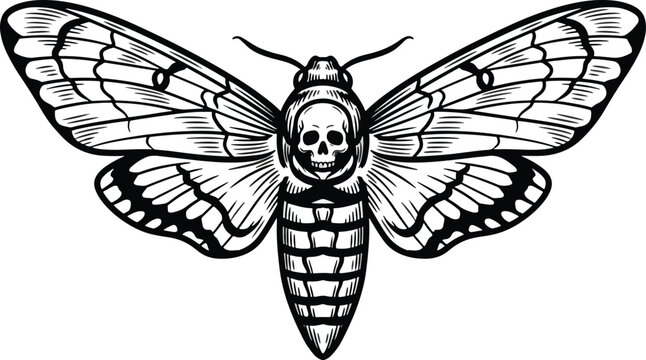 Detailed illustration of a moth with a skull head in monochrome on white background