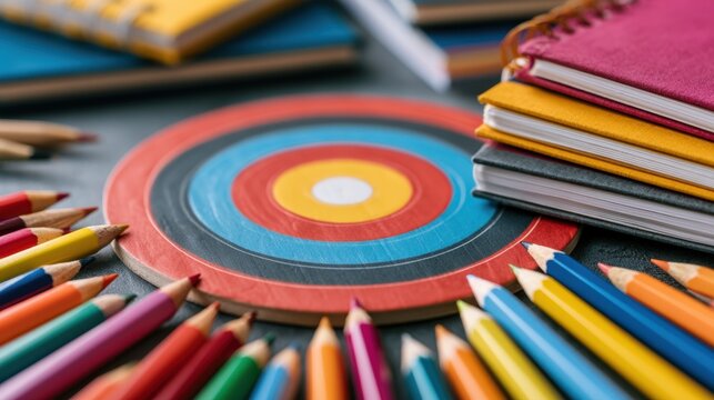Creative Target and Art Supplies: A vibrant collection of colored pencils surrounds a target, symbolizing goals and precision, alongside a stack of notebooks ready for new ideas.