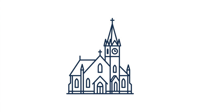 Simple Line Drawing of a Traditional Church Building with Steeple and Clock.