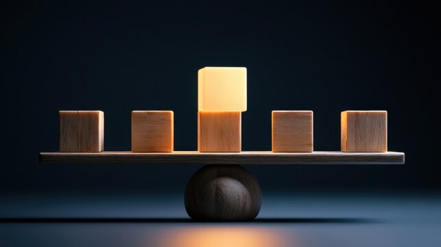Balance of Wood Blocks: A symbolic representation of balance and inequality, with wooden blocks arranged on a simple scale, one illuminated block standing taller than the rest.