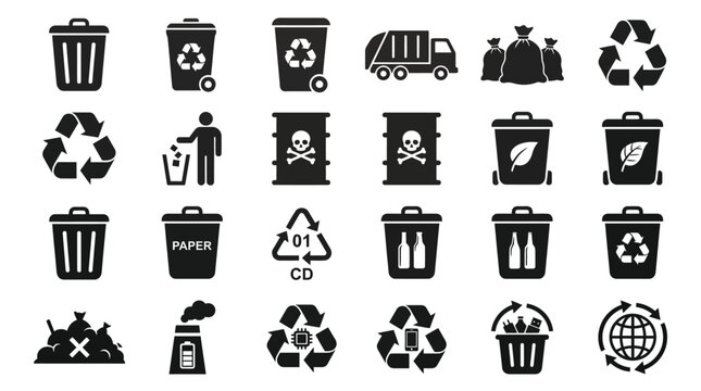 Black and white vector icons representing waste management recycling garbage disposal and environmental sustainability protection concepts