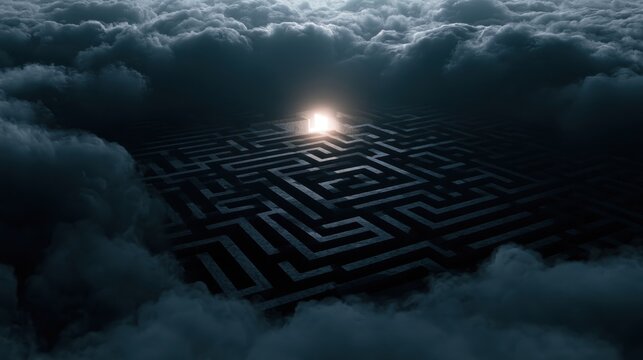 Maze in the Clouds: An intricate maze emerges from dark, swirling clouds, with a bright light at its center, symbolizing hope or a difficult challenge ahead.