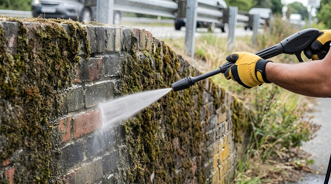 Hand Holding Pressure Washer Cleaning Mossy Brick Wall