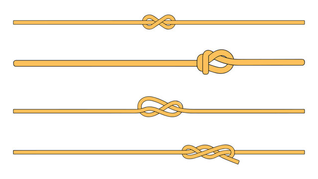 Four different types of knots on yellow ropes isolated on white background for tying  securing  sailing  climbing